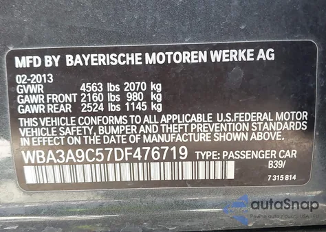 2013 BMW 335I from USA, damaged, VIN WBA3A9C57DF476719